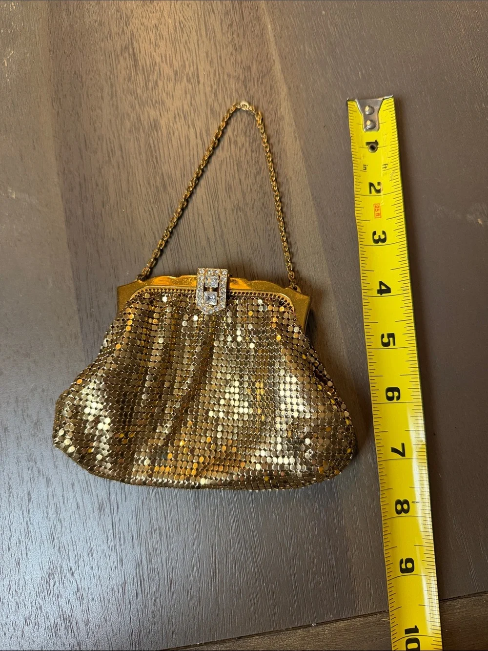 Whiting & Davis Vintage Gold Mesh Evening Clutch with Rhinestone Clasp